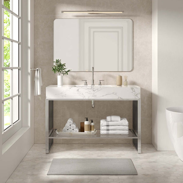 Modway Furniture Gridiron 48" Bathroom Vanity - Modern Industrial Design with Seamless Marble Sink & Open Storage Space EEI-6109-WHI-SLV