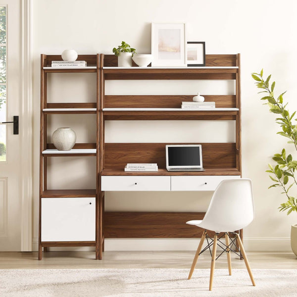 Modway Furniture Bixby 2-Piece Office Desk and Bookshelf Set - Modern Wood Grain Workspace with Sleek Storage Solutions Walnut White EEI-6111-WAL-WHI