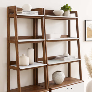 Modway Furniture Bixby Wood Bookshelves Set of 2 – Modern Tiered Design for Organized Living Room and Home Office Walnut White EEI-6113-WAL-WHI