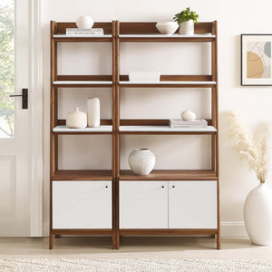 Modway Furniture Bixby Wood Bookshelves Set of 2 – Modern Tiered Design for Organized Living Room and Home Office Walnut White EEI-6113-WAL-WHI
