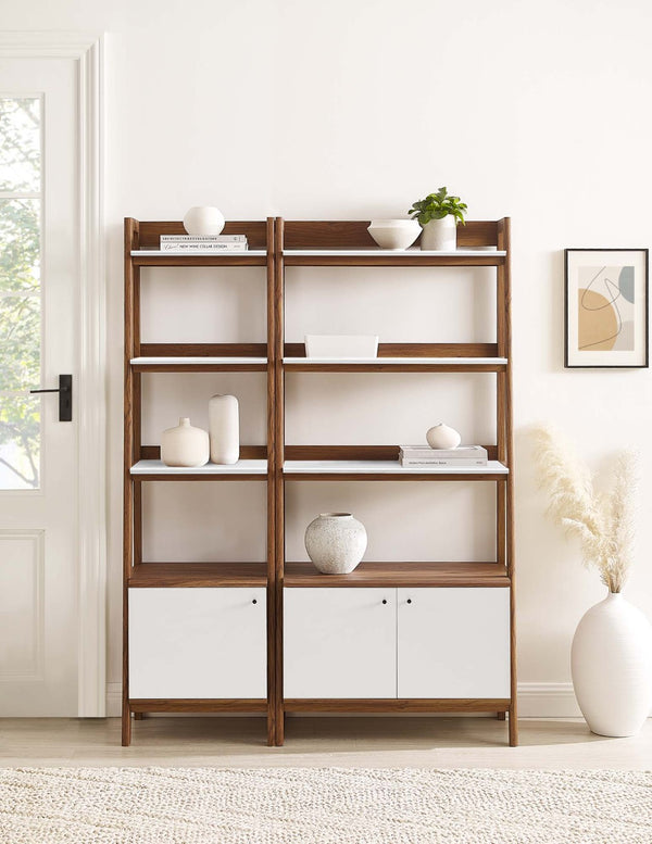 Modway Furniture Bixby Wood Bookshelves Set of 2 – Modern Tiered Design for Organized Living Room and Home Office Walnut White EEI-6113-WAL-WHI