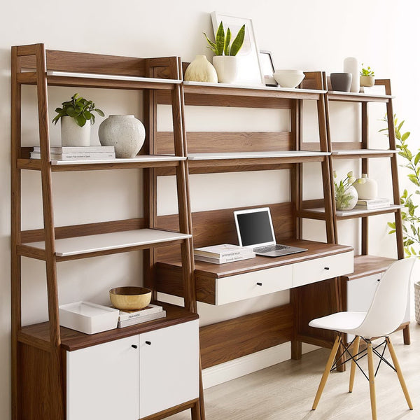 Modway Furniture Bixby 3-Piece Wood Office Desk and Bookshelf Set - Modern Workspace with Stylish Storage Solutions Walnut White EEI-6115-WAL-WHI