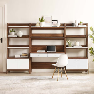 Modway Furniture Bixby 3-Piece Wood Office Desk and Bookshelf Set - Modern Workspace with Stylish Storage Solutions Walnut White EEI-6115-WAL-WHI