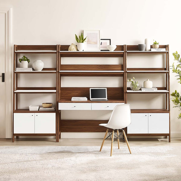 Modway Furniture Bixby 3-Piece Wood Office Desk and Bookshelf Set - Modern Workspace with Stylish Storage Solutions Walnut White EEI-6115-WAL-WHI
