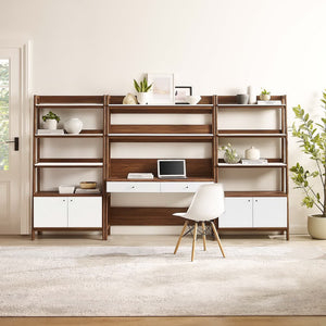 Modway Furniture Bixby 3-Piece Wood Office Desk and Bookshelf Set - Modern Workspace with Stylish Storage Solutions Walnut White EEI-6115-WAL-WHI