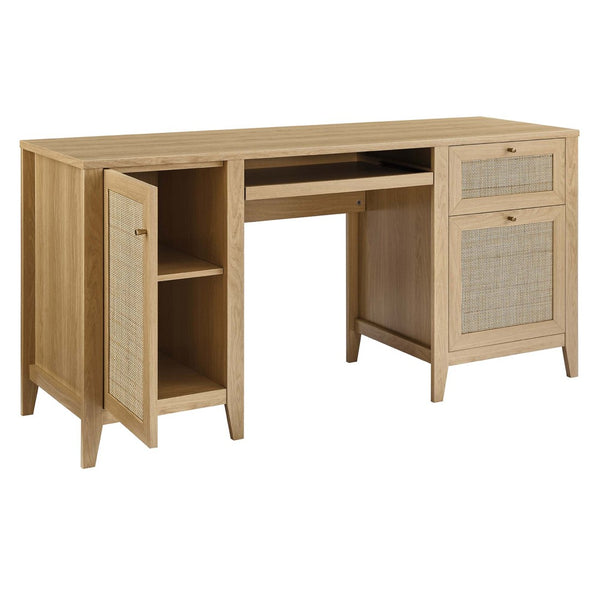 Modway Furniture Soma 63" Office Desk - Stylish Oak Design with Rattan Storage, Ergonomic Features & Ample Space EEI-6117-OAK