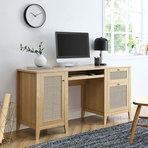 Modway Furniture Soma 63" Office Desk - Stylish Oak Design with Rattan Storage, Ergonomic Features & Ample Space EEI-6117-OAK