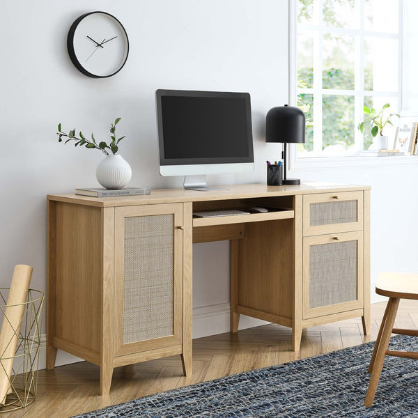 Modway Furniture Soma 63" Office Desk - Stylish Oak Design with Rattan Storage, Ergonomic Features & Ample Space EEI-6117-OAK