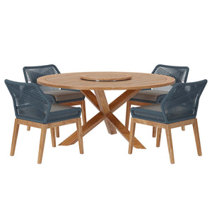 Modway Furniture Wellspring 5-Piece Outdoor Teak Wood Dining Set with Lazy Susan for Stylish Patio Gatherings Blue Graphite EEI-6118-BLU-GPH