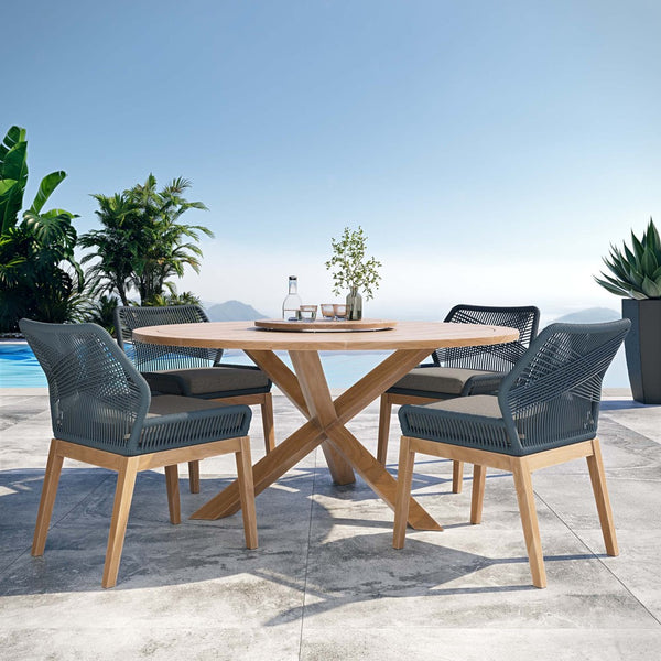 Modway Furniture Wellspring 5-Piece Outdoor Teak Wood Dining Set with Lazy Susan for Stylish Patio Gatherings Blue Graphite EEI-6118-BLU-GPH