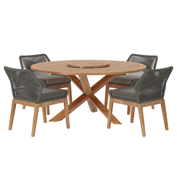Modway Furniture Wellspring 5-Piece Outdoor Teak Wood Dining Set with Lazy Susan for Stylish Patio Gatherings Gray Graphite EEI-6118-GRY-GPH