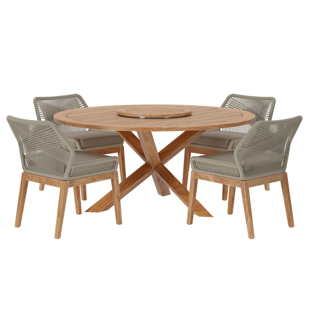 Modway Furniture Wellspring 5-Piece Outdoor Teak Wood Dining Set with Lazy Susan for Stylish Patio Gatherings Light Gray Greige EEI-6118-LGR-GRG