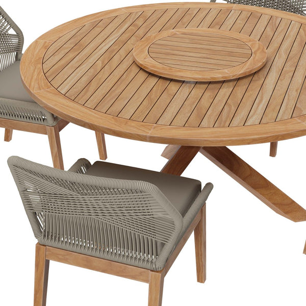 Modway Furniture Wellspring 5-Piece Outdoor Teak Wood Dining Set with Lazy Susan for Stylish Patio Gatherings Light Gray Greige EEI-6118-LGR-GRG