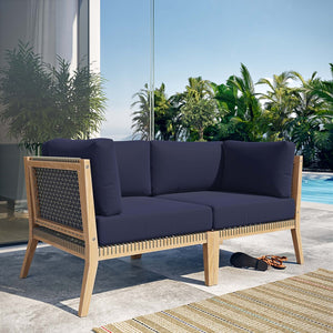 Modway Furniture Clearwater Outdoor Patio Teak Wood Loveseat - Stylish Durability, Comfortable Seating for Any Space Gray Navy EEI-6119-GRY-NAV