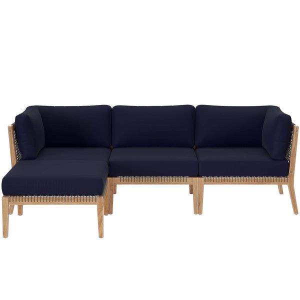 Modway Furniture Clearwater 4-Piece Teak Outdoor Sectional Sofa Set - Coastal Design, Durable Comfort for Your Patio Gray Navy EEI-6121-GRY-NAV