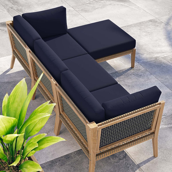 Modway Furniture Clearwater 4-Piece Teak Outdoor Sectional Sofa Set - Coastal Design, Durable Comfort for Your Patio Gray Navy EEI-6121-GRY-NAV