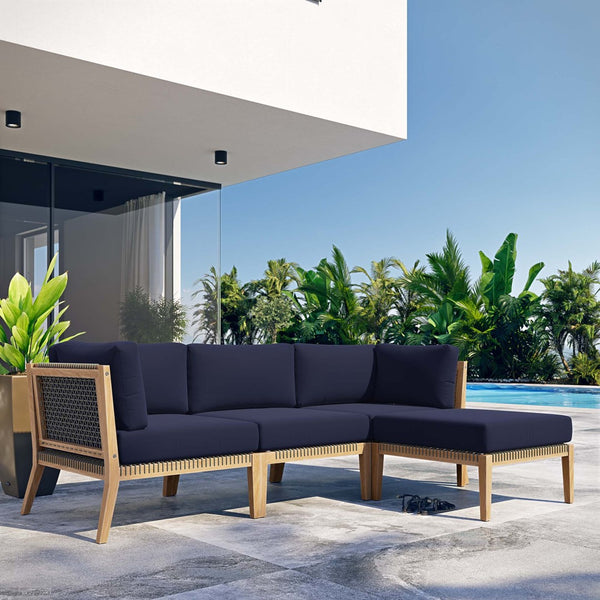 Modway Furniture Clearwater 4-Piece Teak Outdoor Sectional Sofa Set - Coastal Design, Durable Comfort for Your Patio Gray Navy EEI-6121-GRY-NAV
