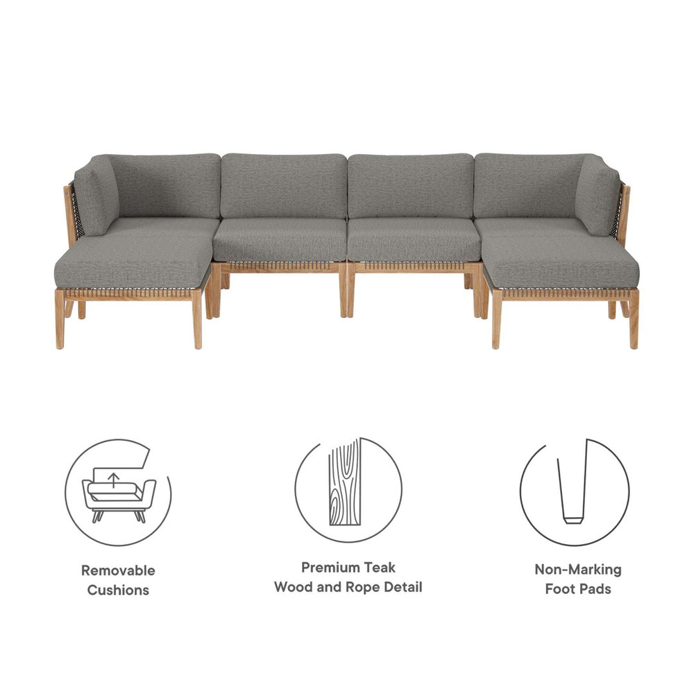 Modway Furniture Clearwater 6-Piece Outdoor Teak Wood Sectional Sofa Set for Stylish, Comfortable Patio Living Gray Graphite EEI-6122-GRY-GPH