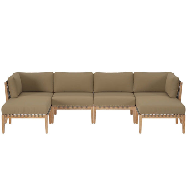 Modway Furniture Clearwater 6-Piece Outdoor Teak Wood Sectional Sofa Set for Stylish, Comfortable Patio Living Gray Light Brown EEI-6122-GRY-LBR