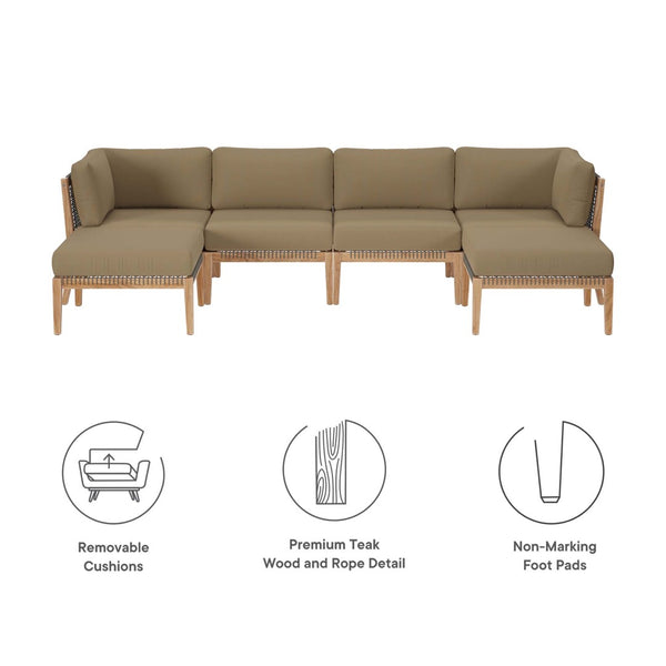 Modway Furniture Clearwater 6-Piece Outdoor Teak Wood Sectional Sofa Set for Stylish, Comfortable Patio Living Gray Light Brown EEI-6122-GRY-LBR