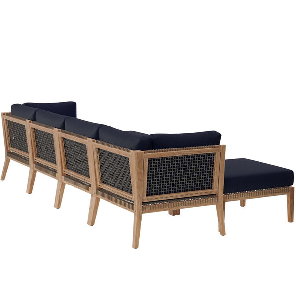 Modway Furniture Clearwater 6-Piece Outdoor Teak Wood Sectional Sofa Set for Stylish, Comfortable Patio Living Gray Navy EEI-6122-GRY-NAV