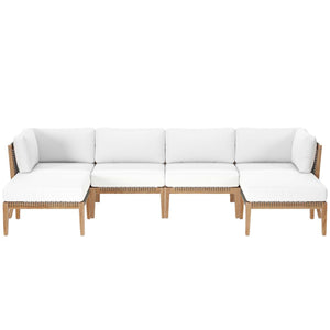Modway Furniture Clearwater 6-Piece Outdoor Teak Wood Sectional Sofa Set for Stylish, Comfortable Patio Living Gray White EEI-6122-GRY-WHI