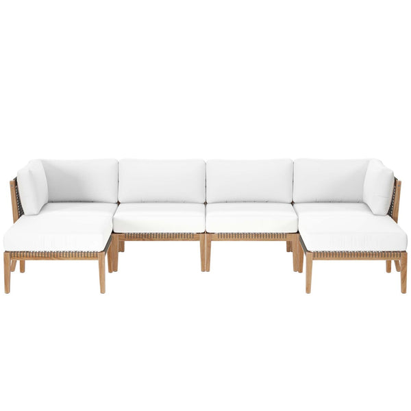 Modway Furniture Clearwater 6-Piece Outdoor Teak Wood Sectional Sofa Set for Stylish, Comfortable Patio Living Gray White EEI-6122-GRY-WHI