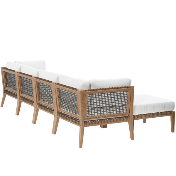 Modway Furniture Clearwater 6-Piece Outdoor Teak Wood Sectional Sofa Set for Stylish, Comfortable Patio Living Gray White EEI-6122-GRY-WHI