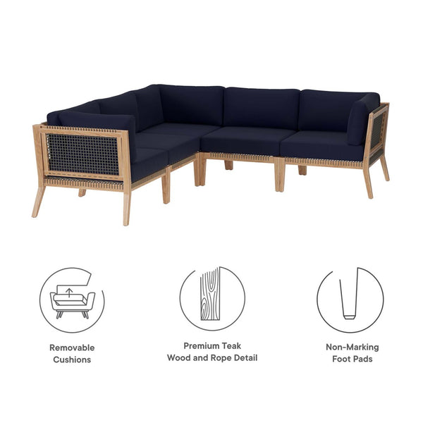 Modway Furniture Clearwater 5-Piece Outdoor Patio Sectional Sofa Set – Premium Teak, Comfortable Cushions & Style Gray Navy EEI-6123-GRY-NAV