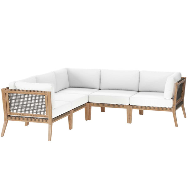 Modway Furniture Clearwater 5-Piece Outdoor Patio Sectional Sofa Set – Premium Teak, Comfortable Cushions & Style Gray White EEI-6123-GRY-WHI