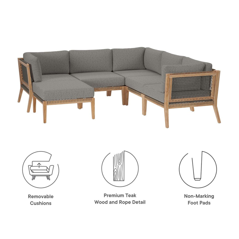 Modway Furniture Clearwater 6-Piece Outdoor Patio Sectional Sofa – Stylish Teak Wood & Comfortable Cushions for Relaxation Gray Graphite EEI-6124-GRY-GPH