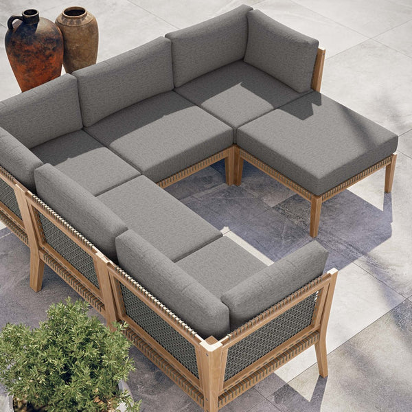 Modway Furniture Clearwater 6-Piece Outdoor Patio Sectional Sofa – Stylish Teak Wood & Comfortable Cushions for Relaxation Gray Graphite EEI-6124-GRY-GPH