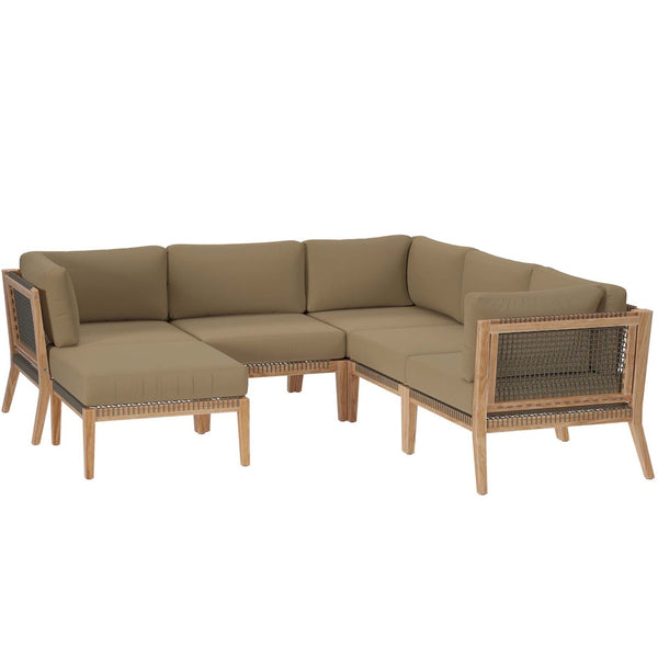 Modway Furniture Clearwater 6-Piece Outdoor Patio Sectional Sofa – Stylish Teak Wood & Comfortable Cushions for Relaxation Gray Light Brown EEI-6124-GRY-LBR