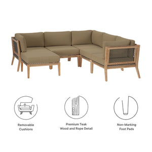 Modway Furniture Clearwater 6-Piece Outdoor Patio Sectional Sofa – Stylish Teak Wood & Comfortable Cushions for Relaxation Gray Light Brown EEI-6124-GRY-LBR