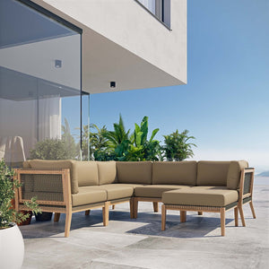 Modway Furniture Clearwater 6-Piece Outdoor Patio Sectional Sofa – Stylish Teak Wood & Comfortable Cushions for Relaxation Gray Light Brown EEI-6124-GRY-LBR