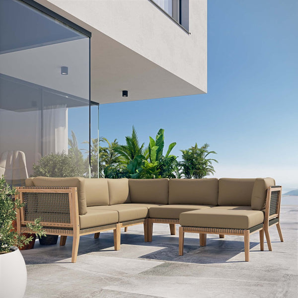 Modway Furniture Clearwater 6-Piece Outdoor Patio Sectional Sofa – Stylish Teak Wood & Comfortable Cushions for Relaxation Gray Light Brown EEI-6124-GRY-LBR