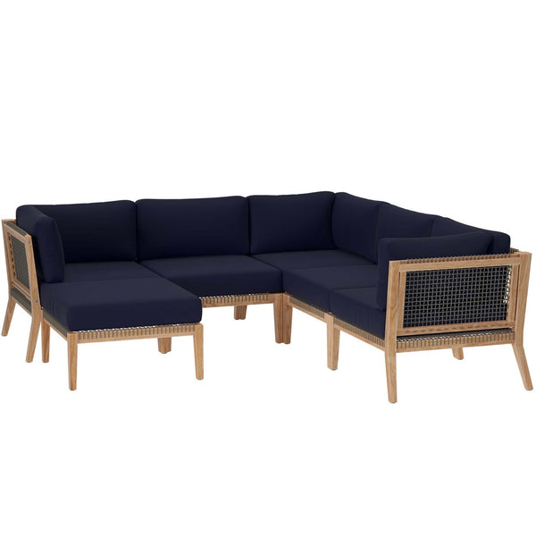 Modway Furniture Clearwater 6-Piece Outdoor Patio Sectional Sofa – Stylish Teak Wood & Comfortable Cushions for Relaxation Gray Navy EEI-6124-GRY-NAV
