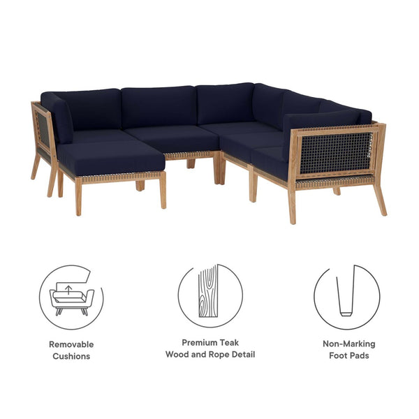 Modway Furniture Clearwater 6-Piece Outdoor Patio Sectional Sofa – Stylish Teak Wood & Comfortable Cushions for Relaxation Gray Navy EEI-6124-GRY-NAV