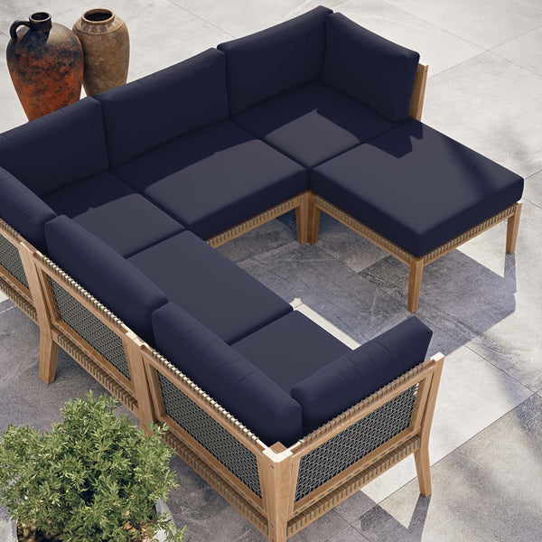 Modway Furniture Clearwater 6-Piece Outdoor Patio Sectional Sofa – Stylish Teak Wood & Comfortable Cushions for Relaxation Gray Navy EEI-6124-GRY-NAV