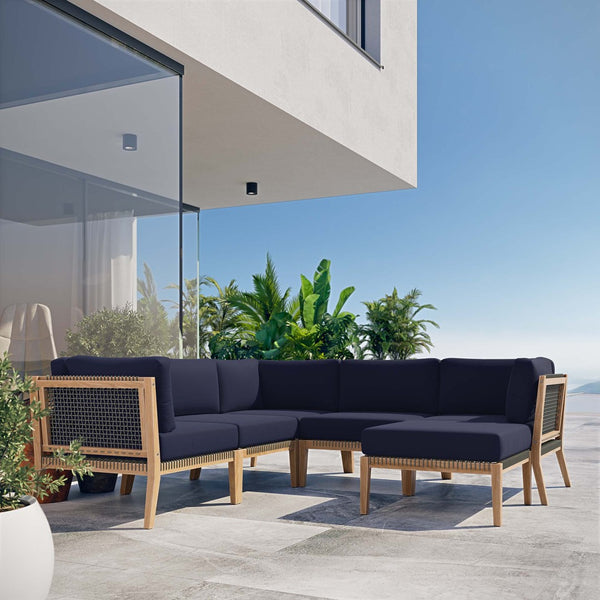 Modway Furniture Clearwater 6-Piece Outdoor Patio Sectional Sofa – Stylish Teak Wood & Comfortable Cushions for Relaxation Gray Navy EEI-6124-GRY-NAV