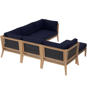 Modway Furniture Clearwater 6-Piece Outdoor Patio Sectional Sofa – Stylish Teak Wood & Comfortable Cushions for Relaxation Gray Navy EEI-6124-GRY-NAV