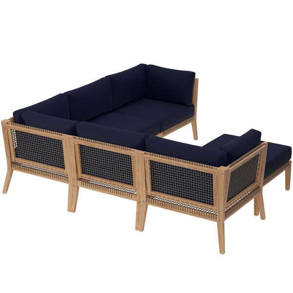 Modway Furniture Clearwater 6-Piece Outdoor Patio Sectional Sofa – Stylish Teak Wood & Comfortable Cushions for Relaxation Gray Navy EEI-6124-GRY-NAV