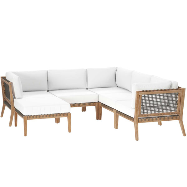 Modway Furniture Clearwater 6-Piece Outdoor Patio Sectional Sofa – Stylish Teak Wood & Comfortable Cushions for Relaxation Gray White EEI-6124-GRY-WHI