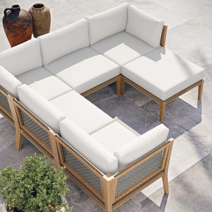 Modway Furniture Clearwater 6-Piece Outdoor Patio Sectional Sofa – Stylish Teak Wood & Comfortable Cushions for Relaxation Gray White EEI-6124-GRY-WHI