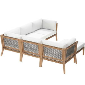 Modway Furniture Clearwater 6-Piece Outdoor Patio Sectional Sofa – Stylish Teak Wood & Comfortable Cushions for Relaxation Gray White EEI-6124-GRY-WHI