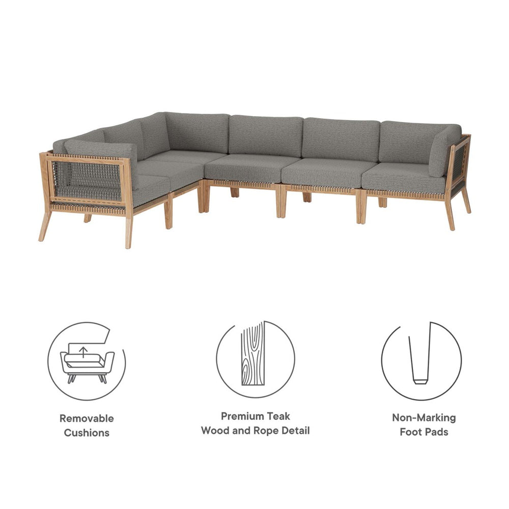 Modway Furniture Clearwater 6-Piece Outdoor Teak Wood Sectional Sofa for Cozy Coastal Living and Modern Elegance Gray Graphite EEI-6125-GRY-GPH