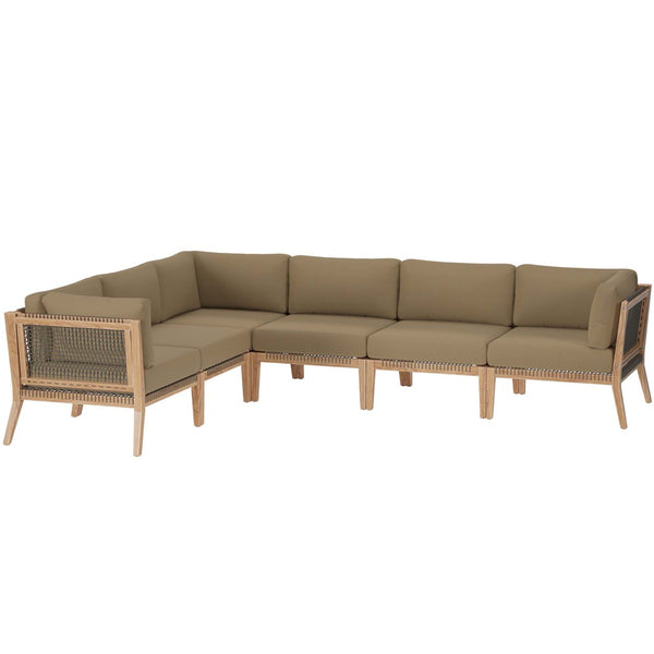 Modway Furniture Clearwater 6-Piece Outdoor Teak Wood Sectional Sofa for Cozy Coastal Living and Modern Elegance Gray Light Brown EEI-6125-GRY-LBR