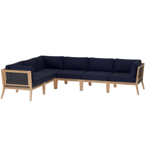 Modway Furniture Clearwater 6-Piece Outdoor Teak Wood Sectional Sofa for Cozy Coastal Living and Modern Elegance Gray Navy EEI-6125-GRY-NAV