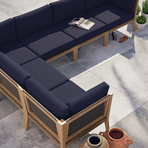Modway Furniture Clearwater 6-Piece Outdoor Teak Wood Sectional Sofa for Cozy Coastal Living and Modern Elegance Gray Navy EEI-6125-GRY-NAV
