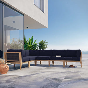 Modway Furniture Clearwater 6-Piece Outdoor Teak Wood Sectional Sofa for Cozy Coastal Living and Modern Elegance Gray Navy EEI-6125-GRY-NAV